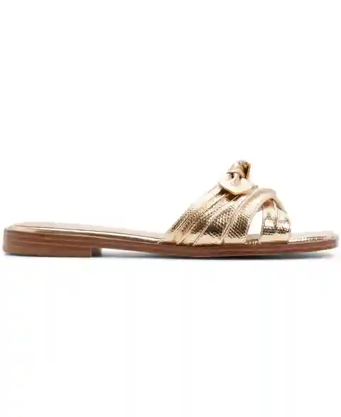 Aldo Women's Sunbeam Square Toe Flat Sandals - Embossed Lizard Gold Metallic