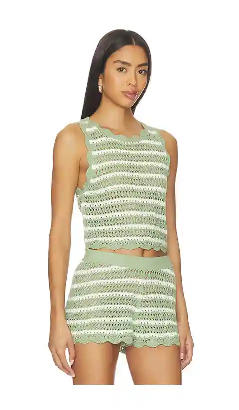 Alice + Olivia Ciara Cropped Pointelle Pullover in Sage,White. - size L (also in XS, S, M, XL)