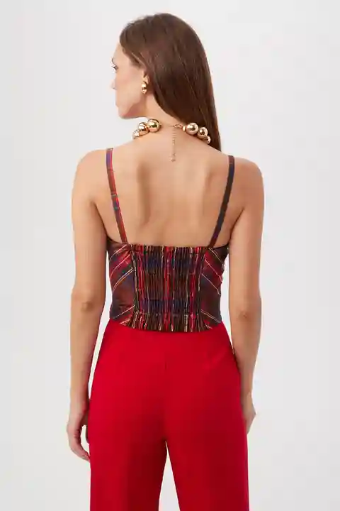 Trina Turk Siwan 3 Plaid Sleeveless Cropped Corset Cami Top
