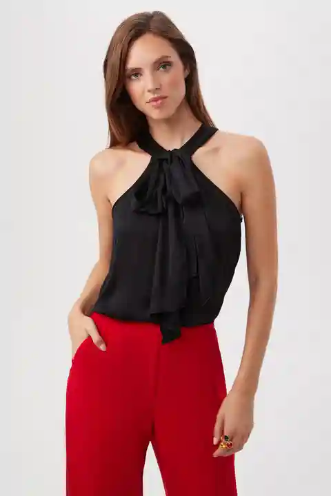 Trina Turk Mallie Silk Satin Sleeveless Bow Halter Top