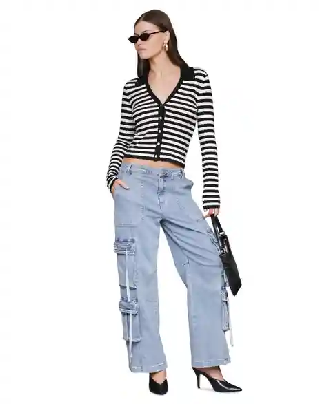 Avec Les Filles Women's Stripe Polo Long-Sleeve Cardigan Sweater - Black/Cream