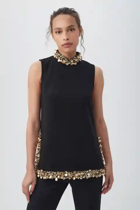 Trina Turk Wonderous 2 Sleeveless Mockneck Tunic Top With Gold Beading