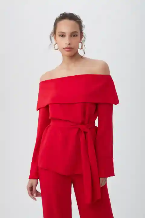 Trina Turk Lyndi Off-The-Shoulder Belted Long Sleeve Top
