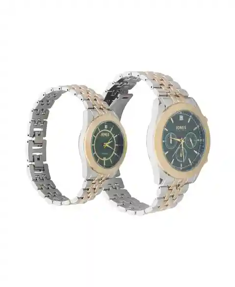 Jones New York Men and Women's Analog Shiny Two-Tone Metal Bracelet His Hers Watch 42mm, 34mm Gift Set - Green, Gold, Silver