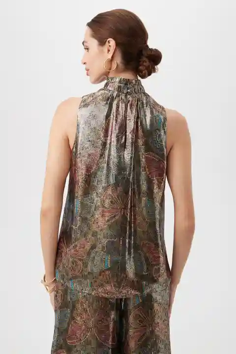 Trina Turk Rissa Butterfly Print Silk Sleeveless Mockneck Top