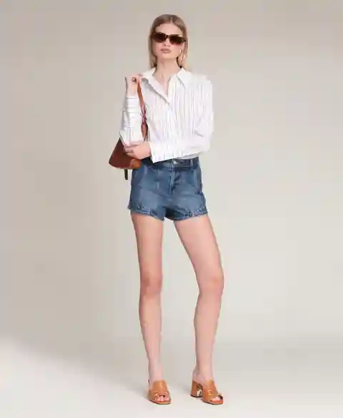 Avec Les Filles Women's Spread Collar Stripe Button Down Shirt - White/Brown Pinstripe