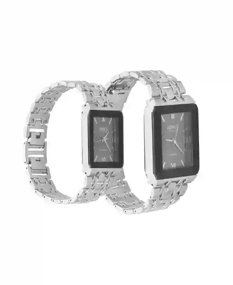 Jones New York Men and Women's Analog Shiny Silver-Tone Metal Bracelet His Hers Watch 40mm, 32mm Gift Set - Black, Silver