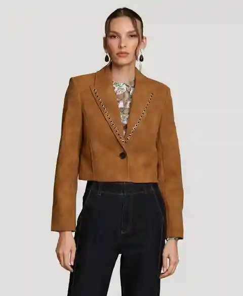 Avec Les Filles Women's Cropped Spread Collar Blazer - Cognac Croc