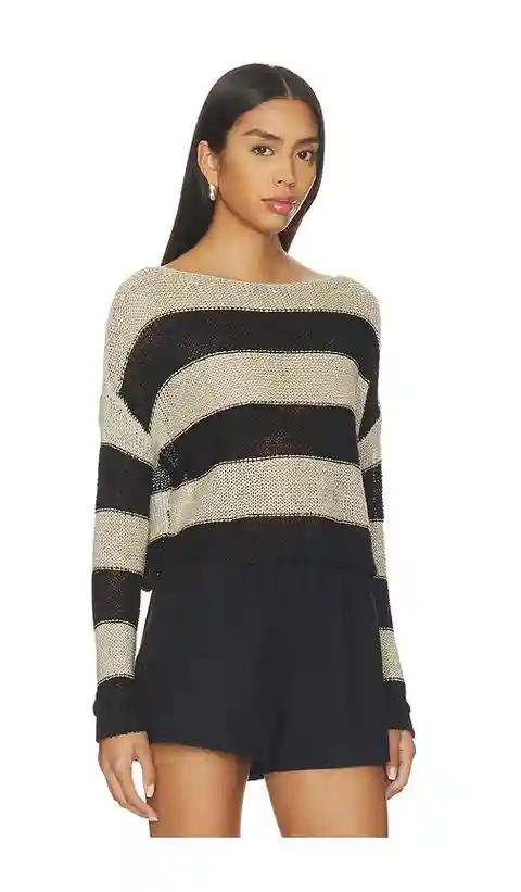 Enza Costa Stripe Linen Bateau Sweater in Black,Beige. - size L (also in XS, S, M, XL)