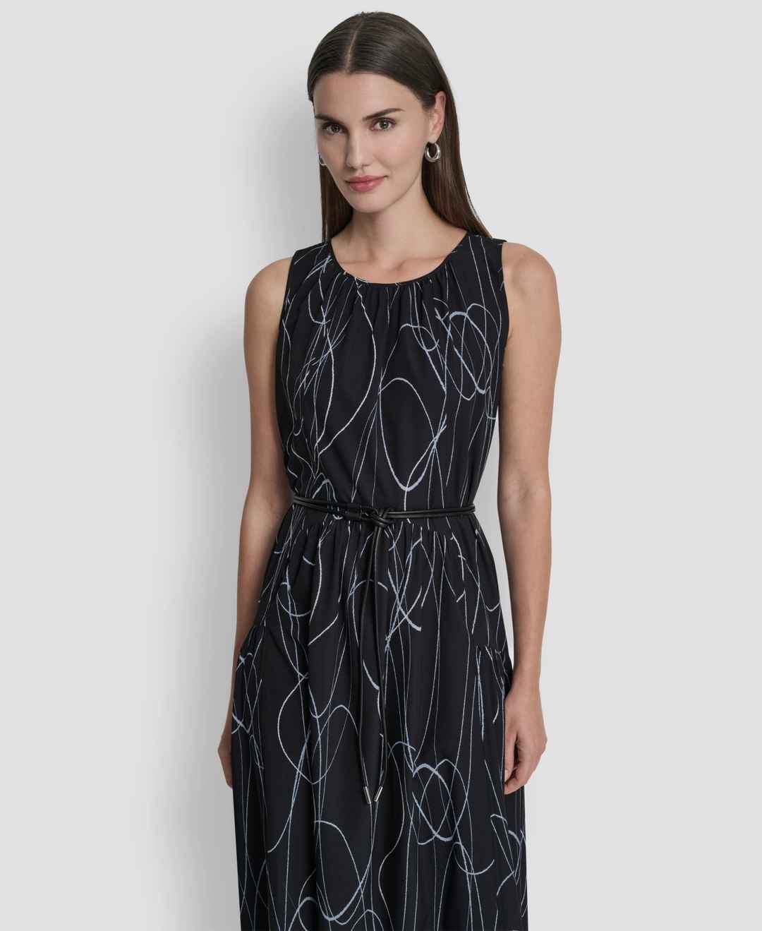 Dkny Women's Sleeveless Drop Waist Midi Dress - Black Multi