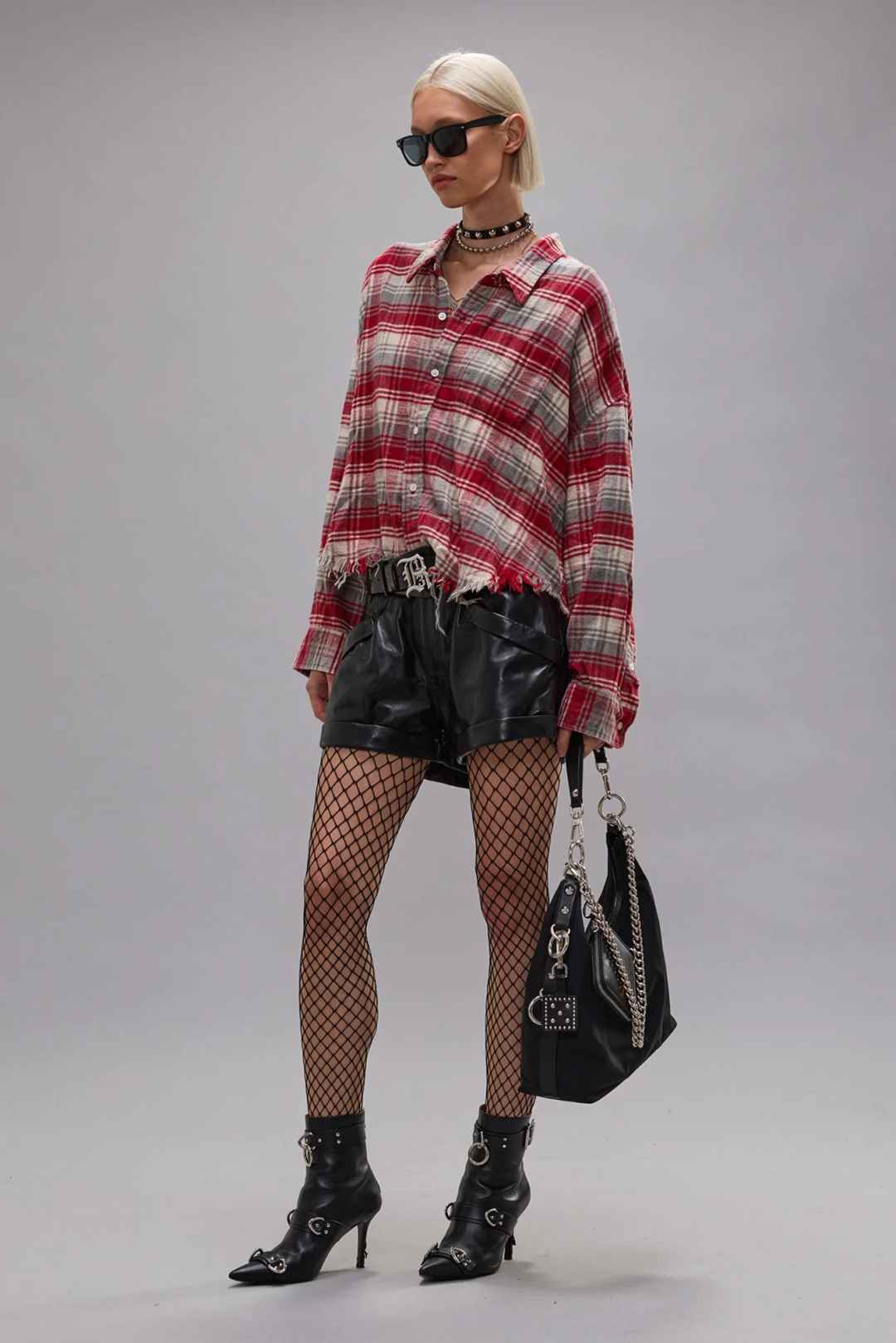 R13 Drop Neck Cropped Shirt - Red Grey Plaid / L