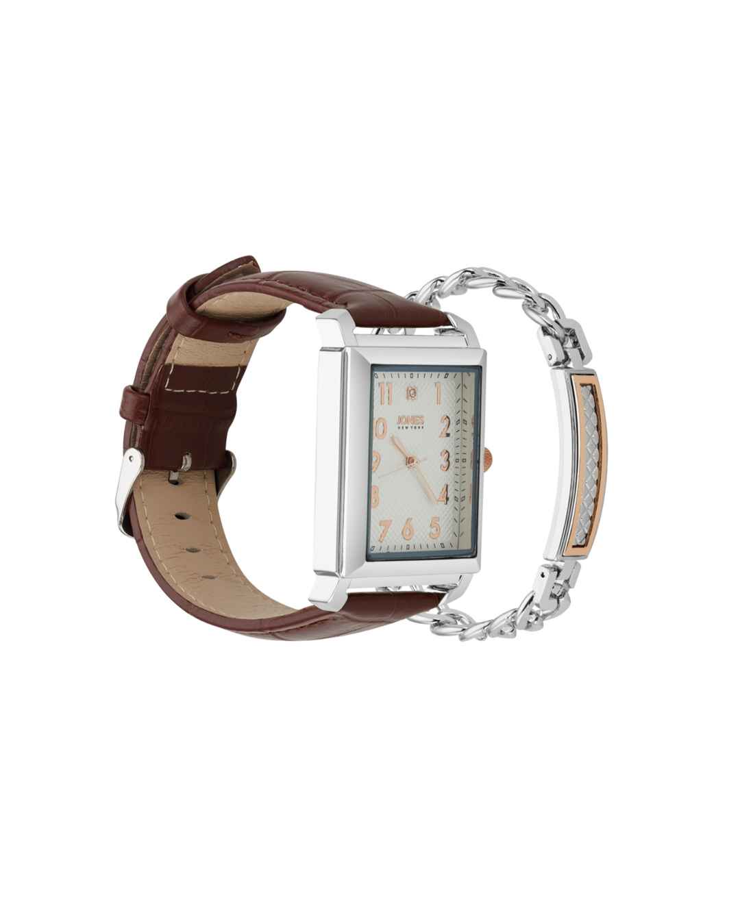 Jones New York Men's Analog Brown Croc Leather Strap Watch 33mm Bracelet Gift Set - Silver, Brown