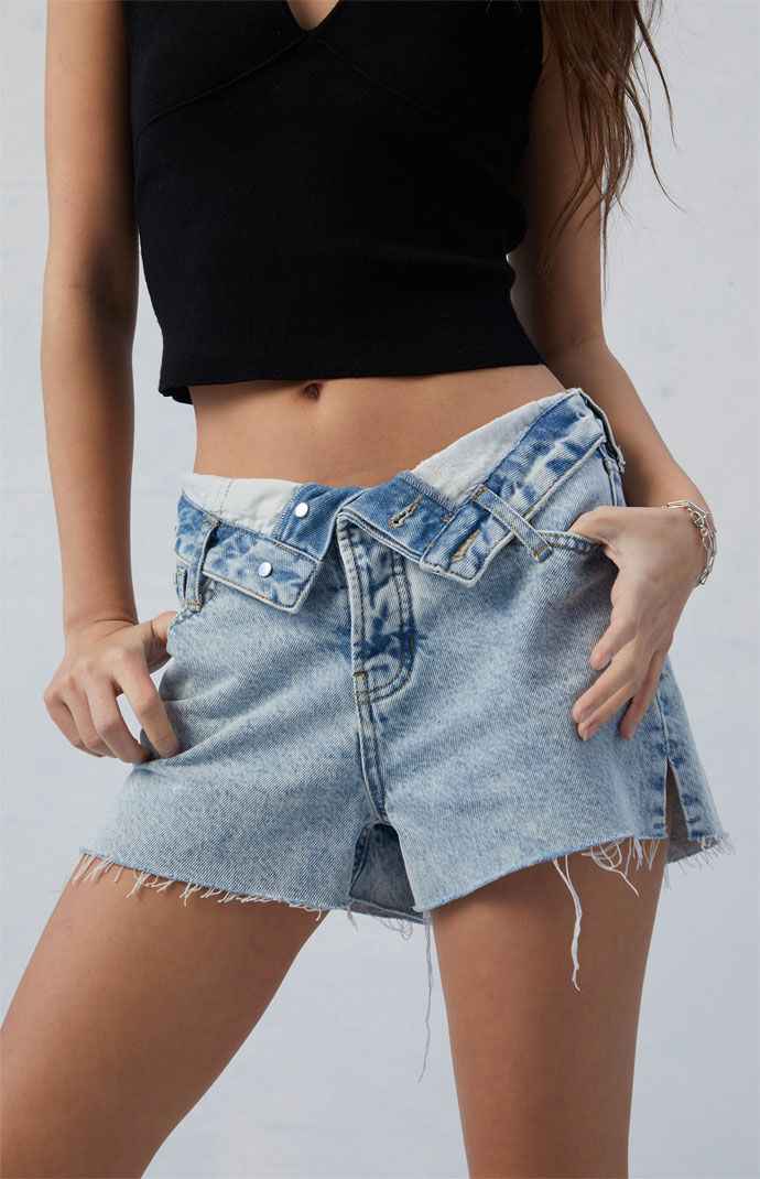 Women's Light Indigo Ripped High Waisted Denim Festival Shorts in Medium Indigo - Size 22